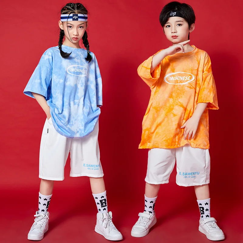 

Kids Hip Hop Costumes Harajuku Tie Dye Print Summer T-shirts Girls Boy Casual White Shorts Jazz Streetwear Stage Outfits