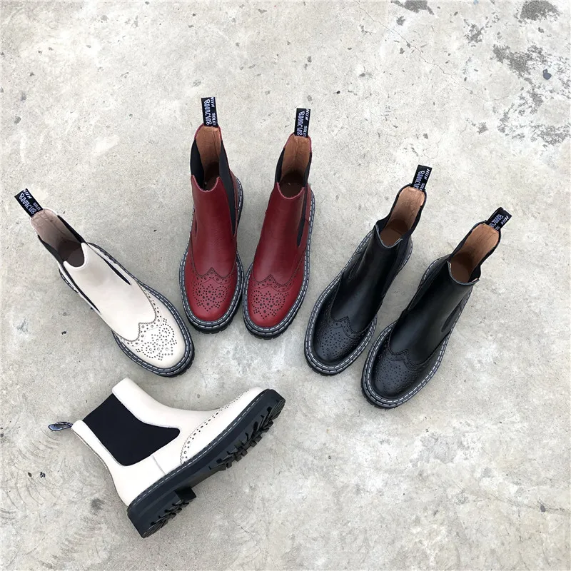 Genuine Leather Boots Women Hollow Out Flowers Brogues Platformed Street Chelsea boots Biker Botas Mujer Winter New | Обувь