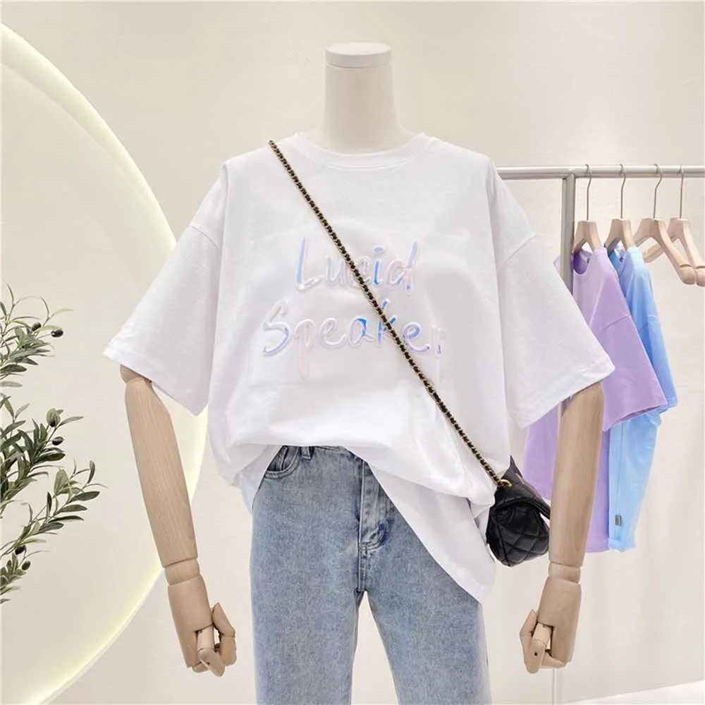 Популярная новинка женская футболка свободная Женская одежда с розовыми буквами