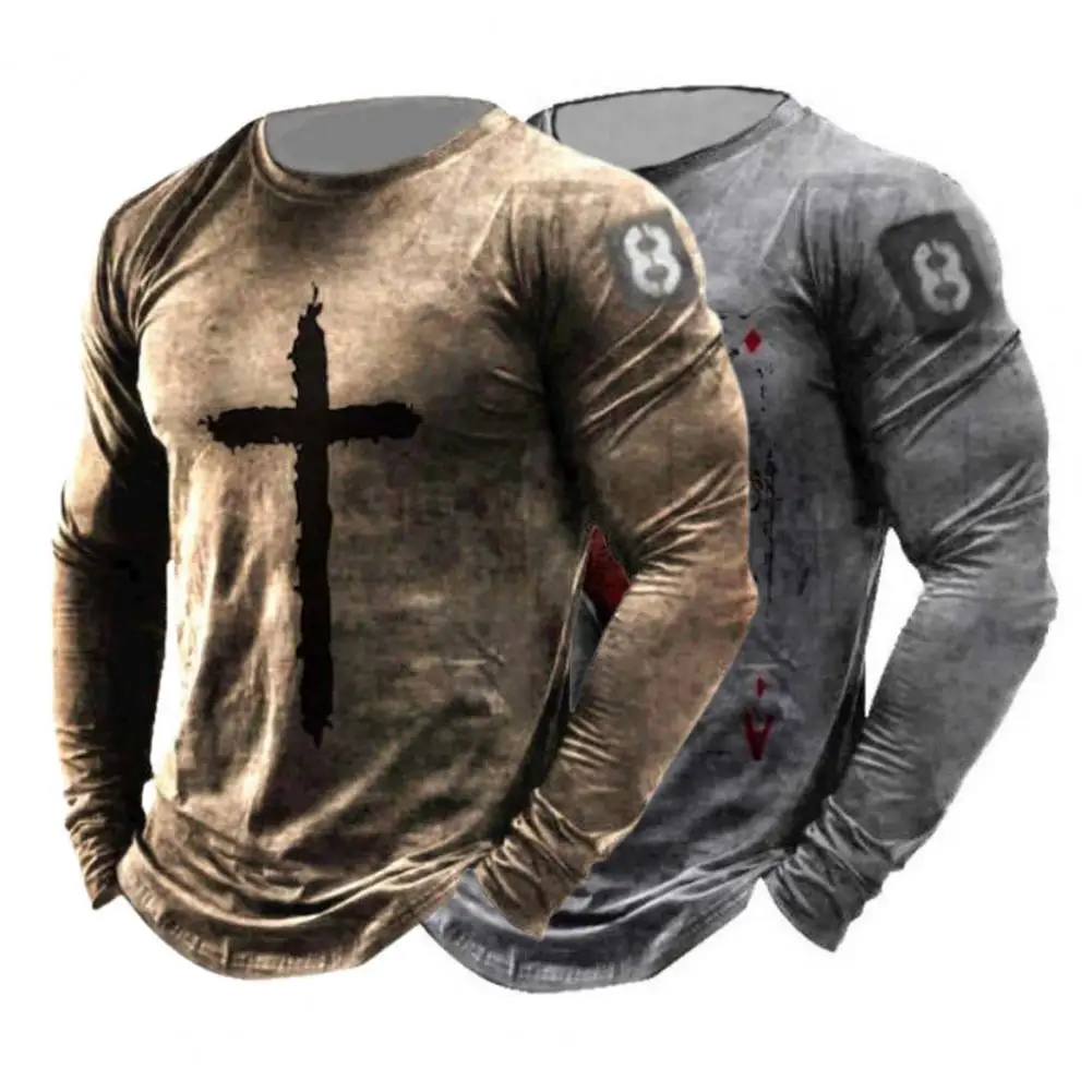 

Рубашка мужская с винтажным принтом, уличный пуловер с круглым вырезом, приталенный Топ с длинным рукавом, одежда для осени и зимы