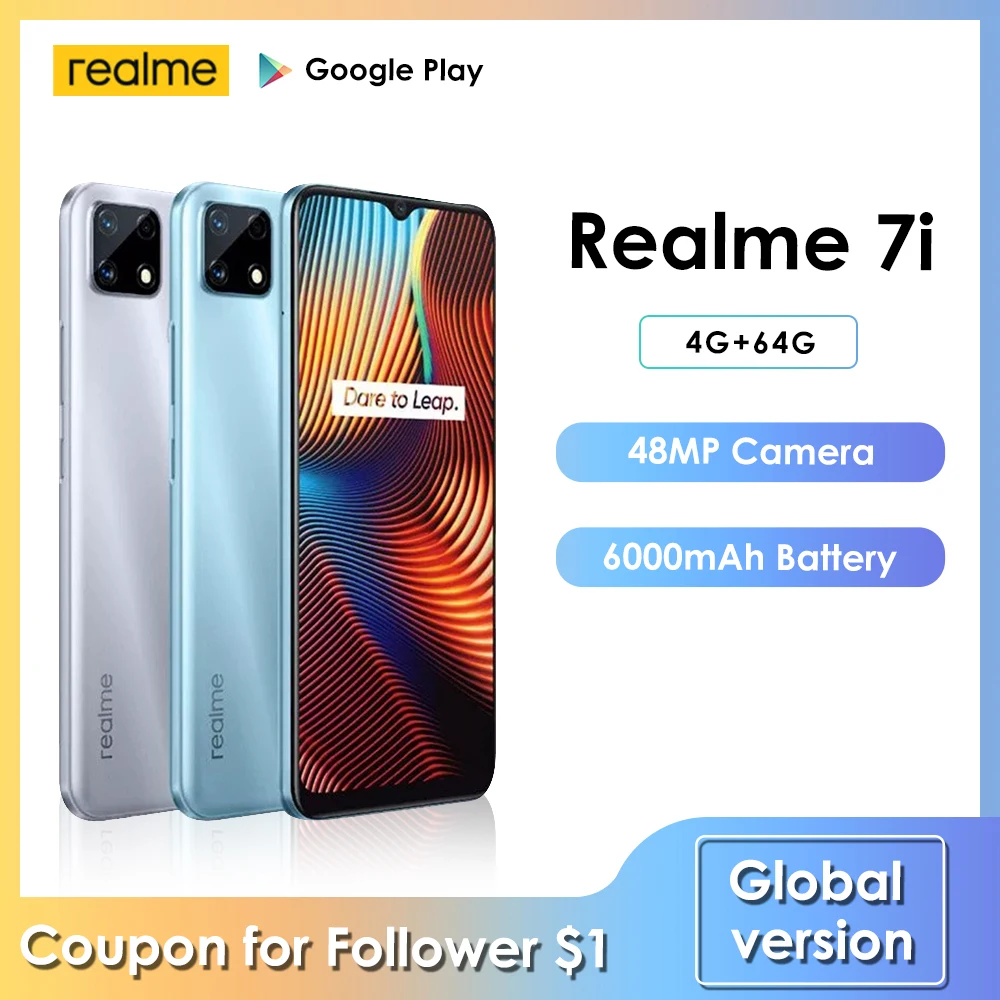 Перейти на Алиэкспресс и купить Смартфон realme 7i Helio, 48 МП, 4 + 64 ГБ, 6000 мА · ч, 6,5 дюйма, 8 ядер, Android 10, LTE