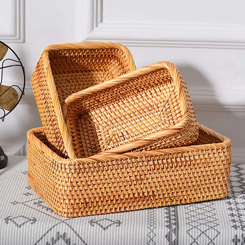 

Handmade Rattan Storage Baskets, Hand Woven Baskets Organizing for Cracker Dinner Parties Coffee Breakfast, 3-Pack