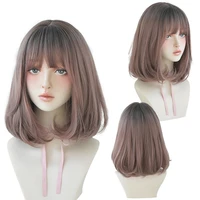 bob wig with bangs synthetic short straight hair wigs for women synthetic high temperature fiber natural black fake hair