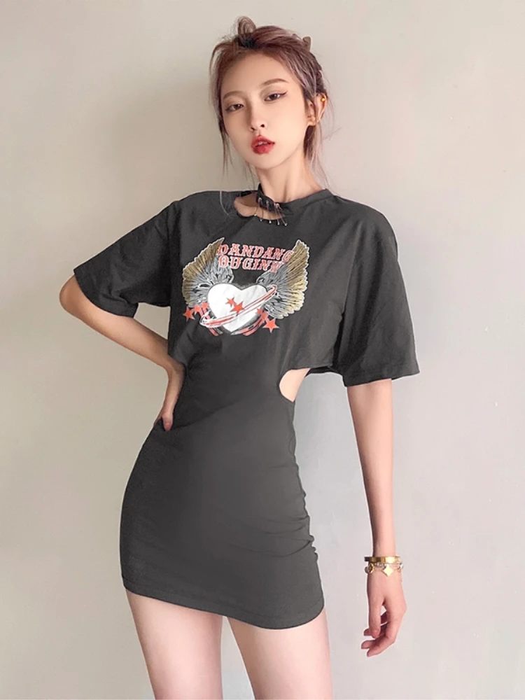 

women dress 2021 summer vintage clothes print elegant short sleeve casual black sexy hollow out cotton bodycon mini tshirt dress