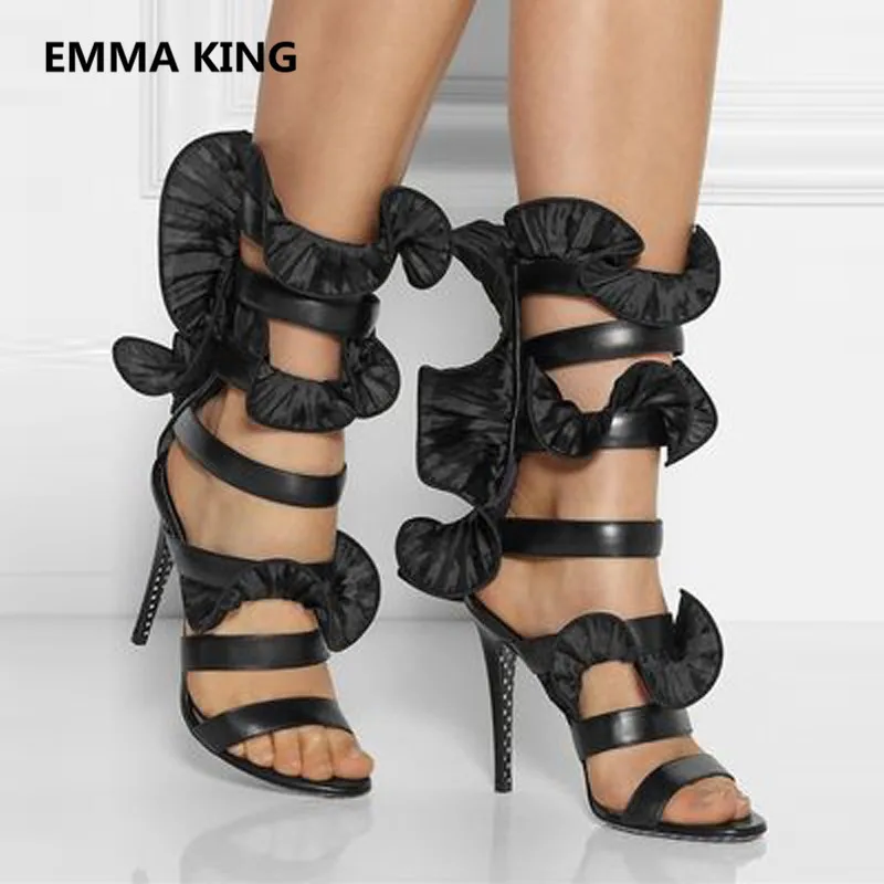 

Black Silk Ruffles Women Gladiator Sandals Cut-Out Thin High Heels Ladies Stilettos Shoes Design Party Open-toed Sandals Size 43