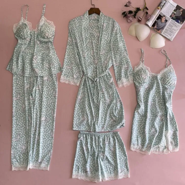 

Lady Sexy Sleepwear 5PCS Sleep Set Pajamas Loose Lace Printed Kimono Robe Gown V-Neck Lace Trim Pyjamas Spring Home Clothing