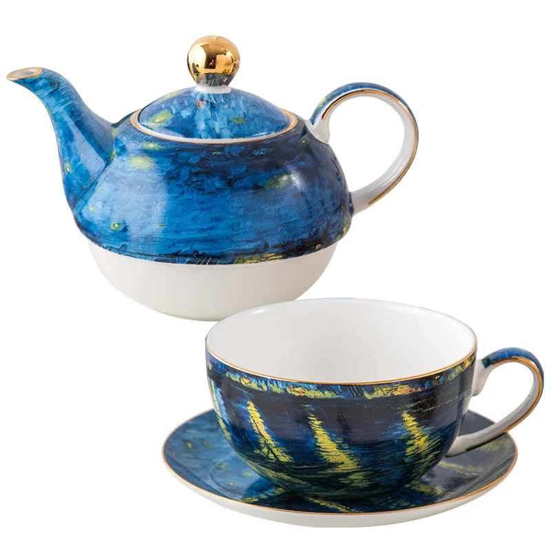 

European Starry night Oil painting Teapot Set Fine Bone china Coffeeware Set Teacup & Saucer For One Person Drinkware Porcelain