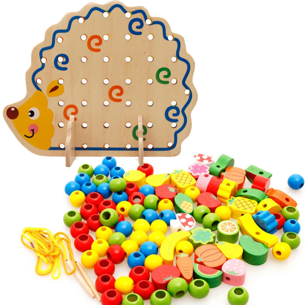 Детские нанизывающиеся бусины игрушка игра в игры деревянный еж фрукты овощи