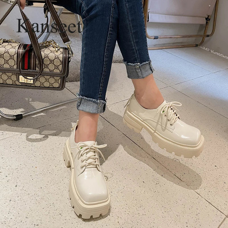 

Kanseet 2021 Autumn New Chunky Heels Women's Pumps Square Toe Cross-Tied Cow Leather Handmade High Quality Casual Female Shoes