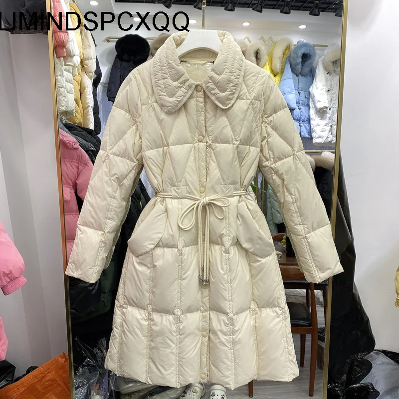 

Зимние женские куртки, 90% белый утиный пух, парки, средней длины, теплые пуховики, пальто с лацканами и кулиской, пуховики, тонкая осенняя оде...