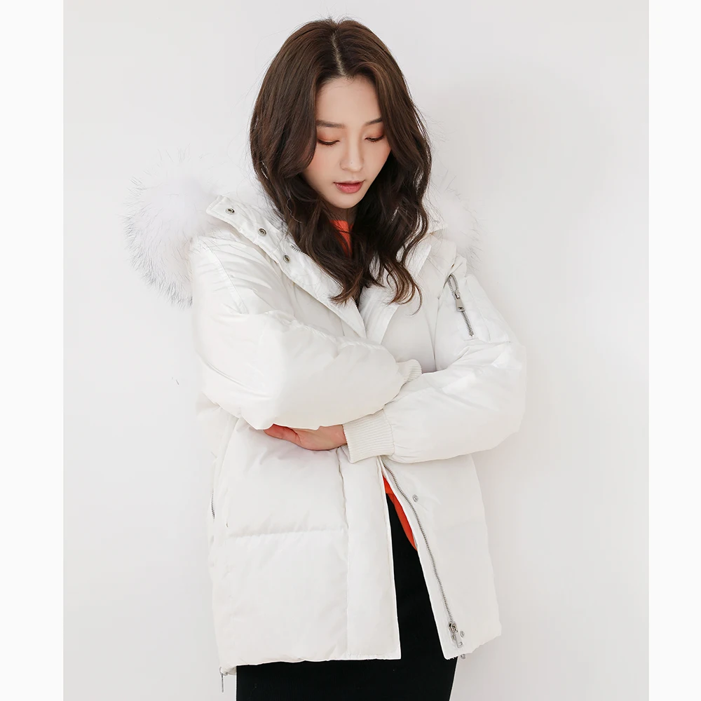 Женский пуховик средней длины YAYA свободное теплое пальто на белом утином пуху со