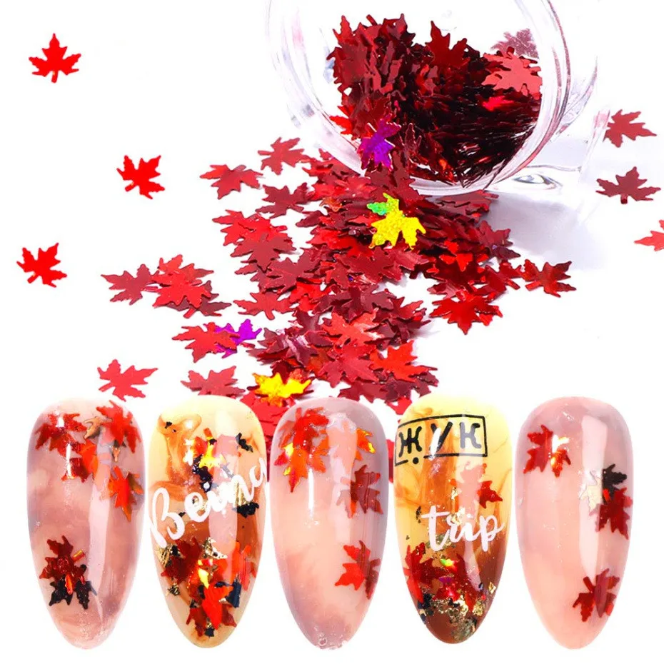 

New 1 Box 3D Maple Leaves Nail Art Sequin Holographic Gold Red Thin Paillette Flake Autumn Manicure Nail Art Decoration Decor
