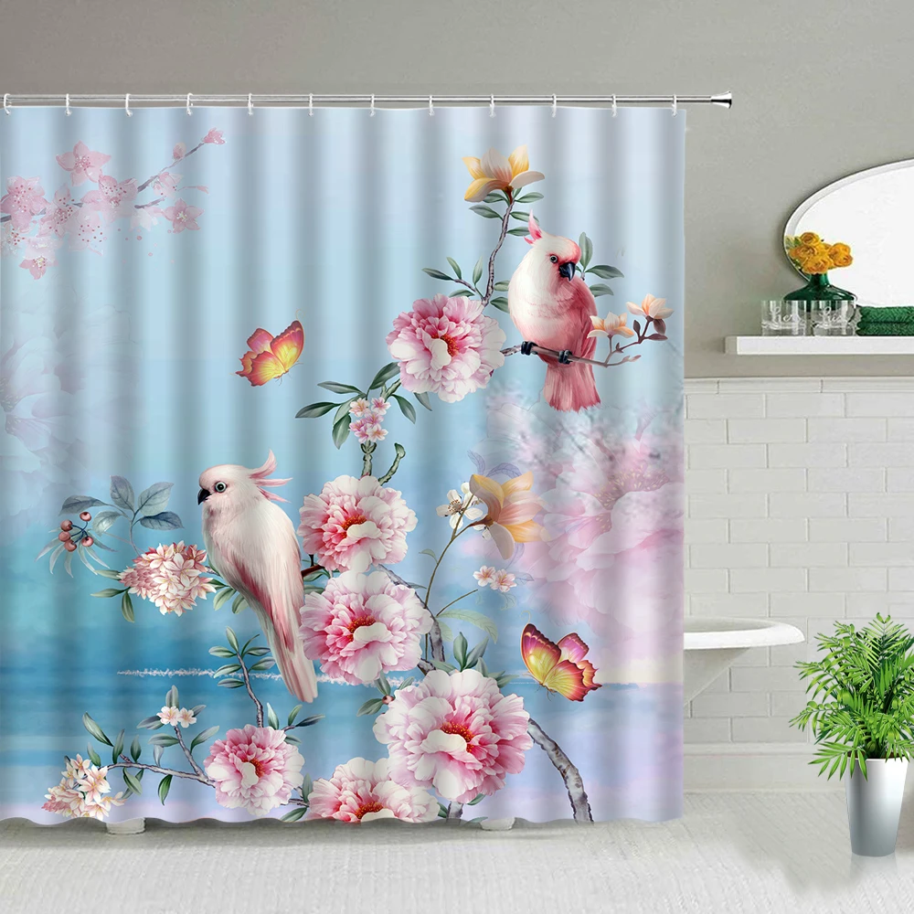 

Chinese Landscape Painting Shower Curtains Fish Bird Plum Tree Branch Hanging Curtain Polyester Cloth Home Bathroom Decoration