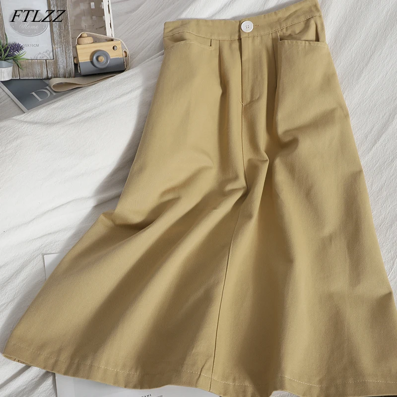 

FTLZZ Весна Лето Новое поступление Женская Повседневная однотонная черная юбка средней длины трапециевидная юбка с высокой талией тонкая эле...