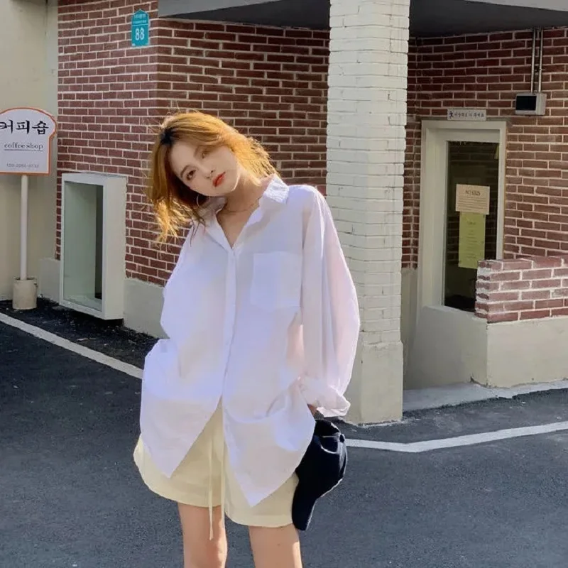 

Zadily 20222 Summer Chic Korean Style Loose Women White Basic Shirt Button Up Ladies Blouse Pocket Work Female Clothing BF Tops