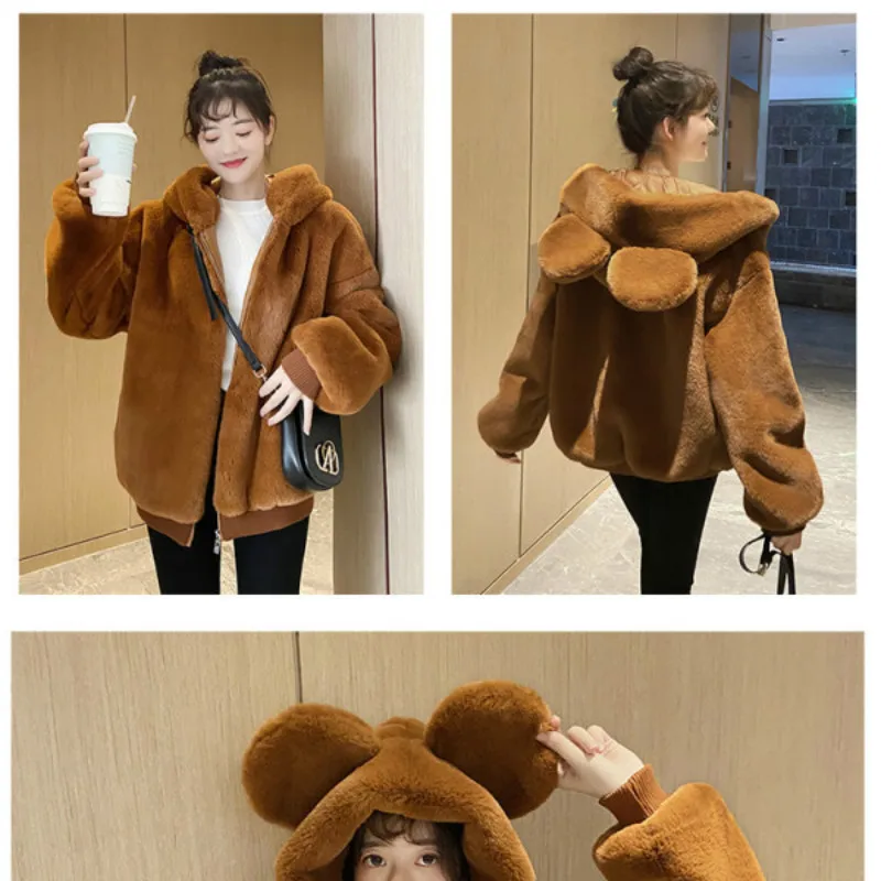 

Soft Sister Furry Flannel Jacket Female Winter 2021 New Fresh and Sweet Cute Bear Ear Hooded Plus Velvet Warm Coat