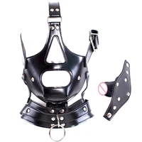 leather mask with black dildo adjustable mask dildo gag sex toys for women slave sex toys adults games flirt restrictive bdsm
