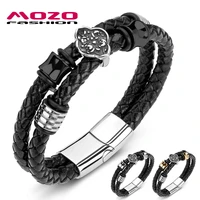 2020 male bracelet braided leather rope chain stainless steel four leaf flower bangle hot punk jewelry