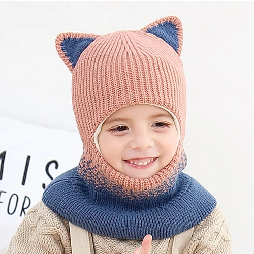 Pink Blue Cat B Детская шапка-шлем снуд зимняя кепка для мальчики с помпоными шапки для девочики шапочки для новорожденных HT073 - Цвет: Pink Blue Cat B