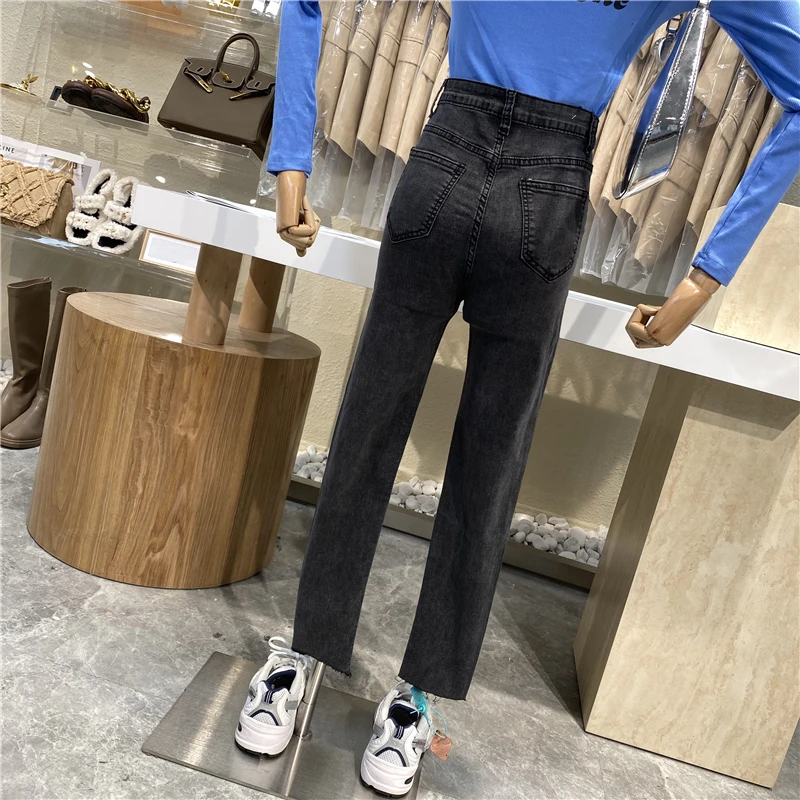 

Brand Original Design Fashion Trend Knee Hole Skinny Jeans 2021 New High Waist Elastic Feet Pants