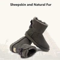 luxury woman winter sheepskin leahter snow boots with bow women snow wear real fur shoes lace up footwear girls boots