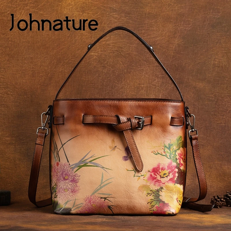 

Женская сумка из натуральной воловьей кожи Johnature, сумка через плечо в китайском ретро-стиле с ручной росписью и цветами, 2022