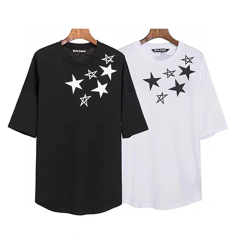 

Five Stars Letter Palm Angels Men Women Unisex Lovers Style Fashion Cotton Casual Short Sleeve Round Neck T Shirt Boyfriend Gift