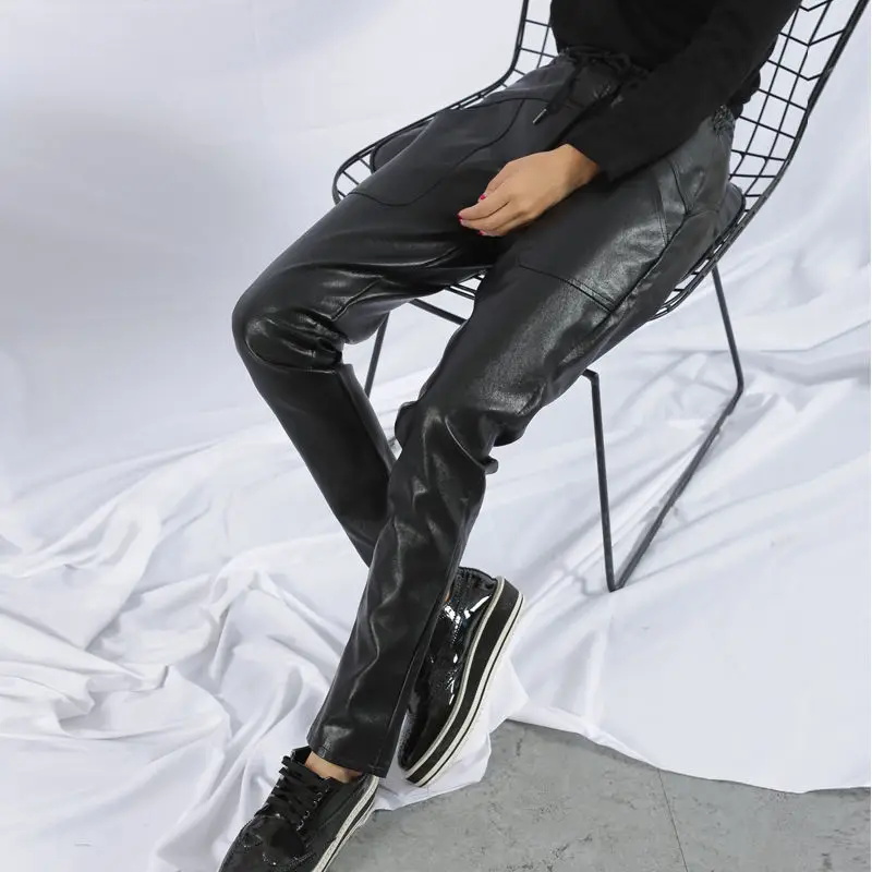 

Winter Warm Black PU Leather Women's Harem Pants High Waist Casual Loose Pants Chic Female Trousers Pocket Plus size 5XL Y62