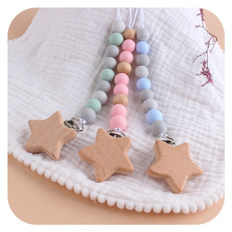 Chupete de madera de haya con cadena de chupete para ni&ntilde;os, Clips de juguete para morder, sin BPA-2