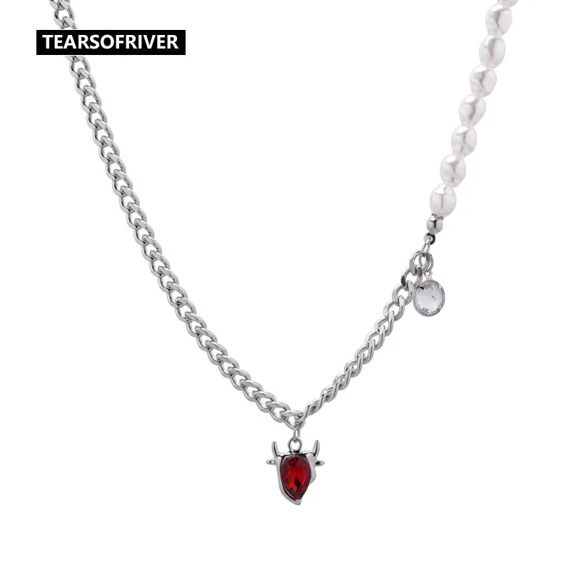 

New Antlers Ruby Pearl Stitching Necklace Personality Ins Design Rough Fashion Style Clavicle Chain