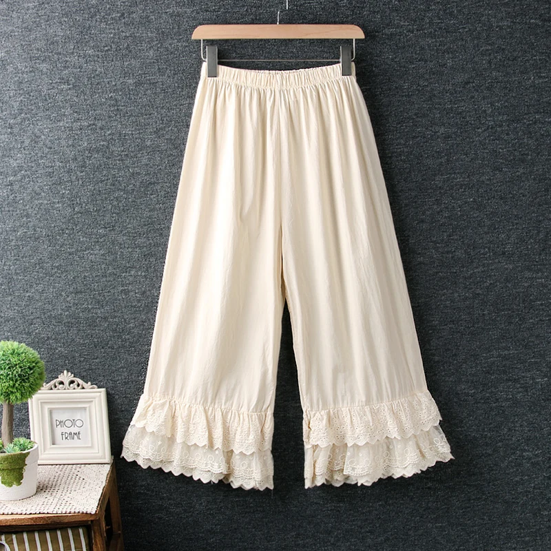 

Summer Autumn Japanese Style Sweet Pants Women Lace Embroidery Layer Wide Leg Pants Cotton Loose Casual Female Pants U008