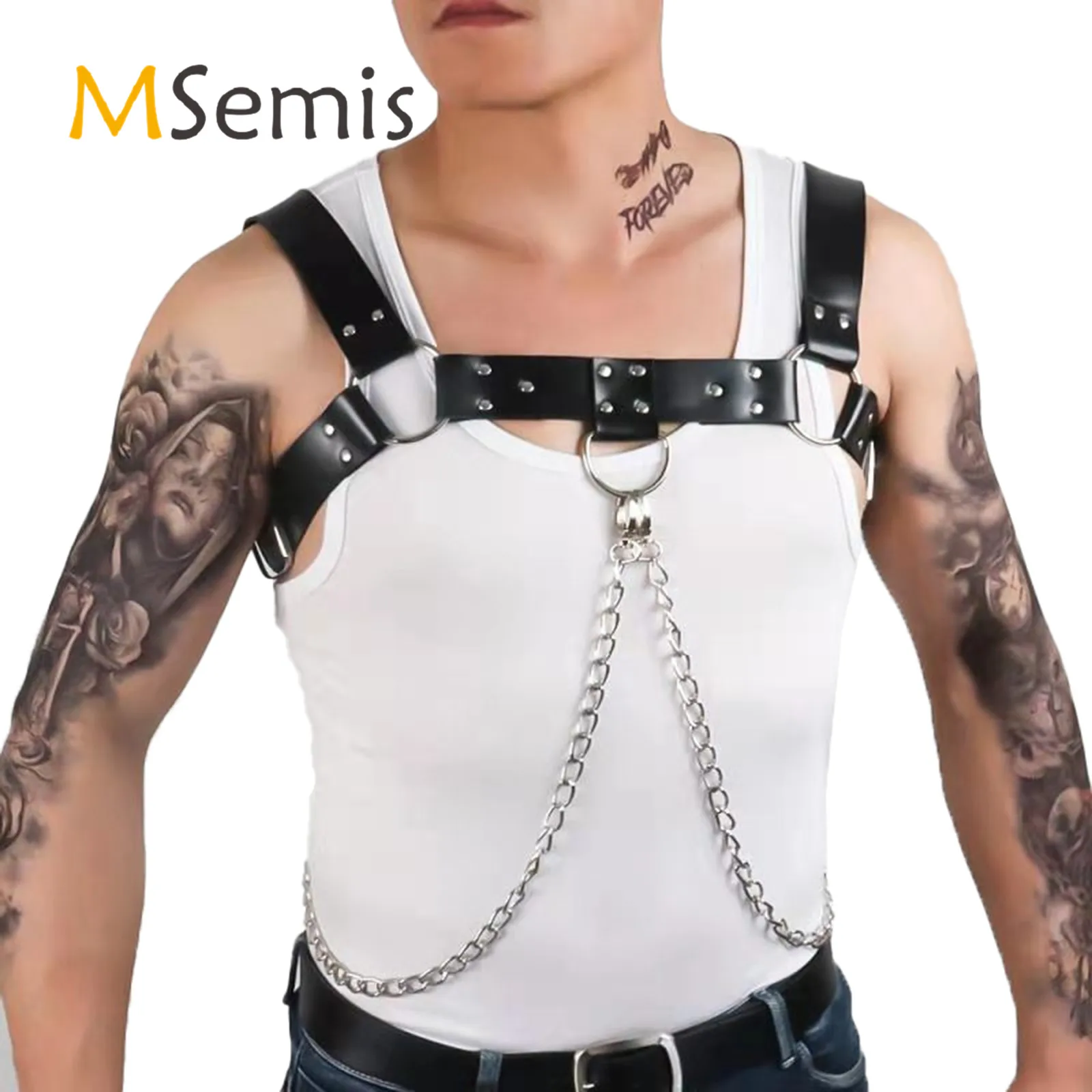 

Mens Faux Leather Clubwear Adjustable Harness Belt with Rivet O Ring Metal Chain Lingerie Body Shoulder Chest Belts Harness