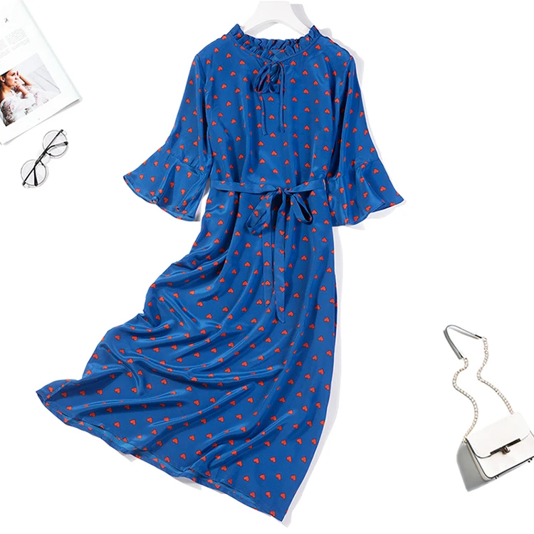 Женское синее длинное платье из 100% чистого шелка с гофрированным воротником и