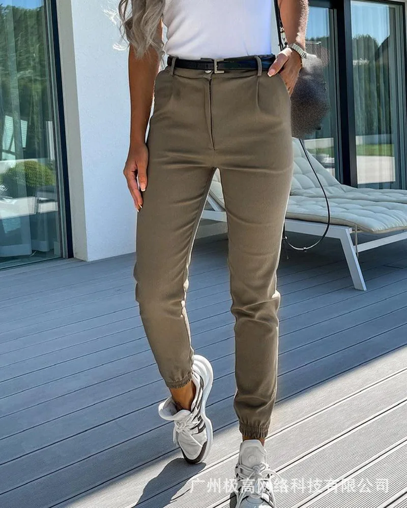 

Women Long Pants Solid Slim Fit 2021 Autumn Elegant Office Lady Bodycon Trousers High Waist Pocket Pencil Pant Casual Sweatpants