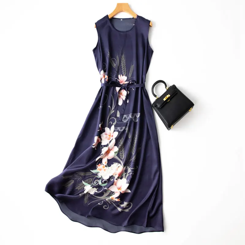 

SHUCHAN Chinese Style Poplin Tank Dress Summer Sashes Mid-Calf Boutique Women Clothing Women Boho Long Maxi Dress