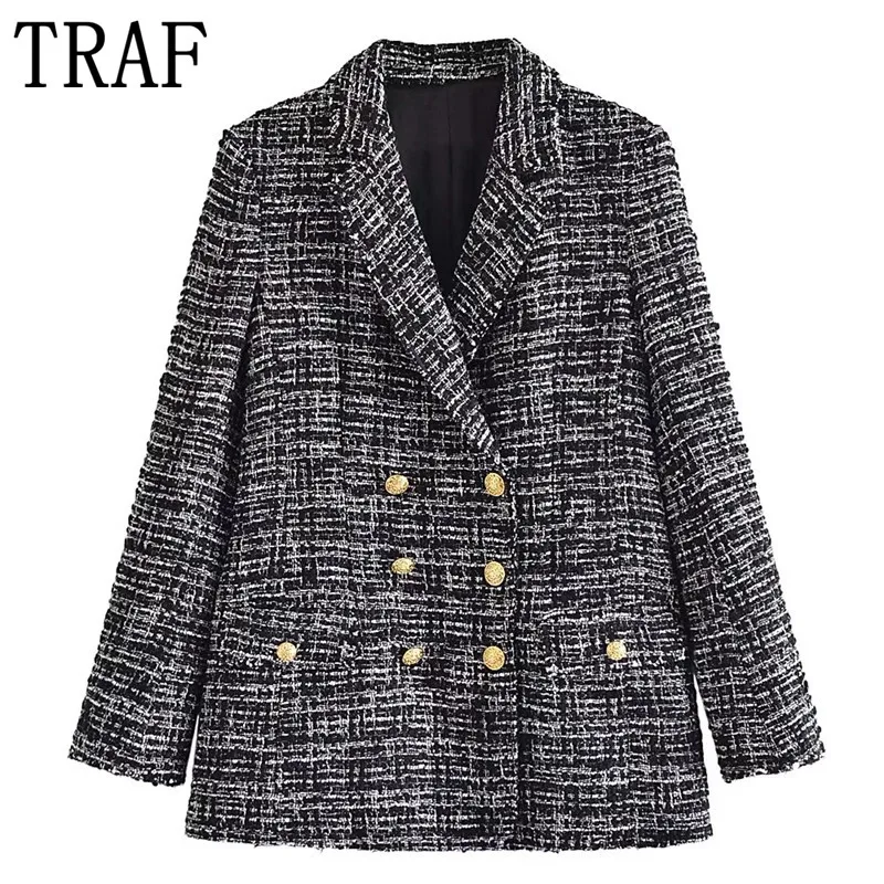 

Пиджак TRAF Za женский твидовый, винтажный текстурированный двубортный блейзер с длинным рукавом, модная офисная одежда, зимнее пальто, 2021