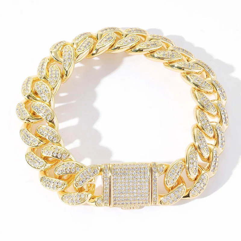 

15mm Hip Hop AAA CZ Stone Paved Bling Iced Out Round Miami Cuban Chain Bracelets for Men Rapper Jewelry Drop Shipping