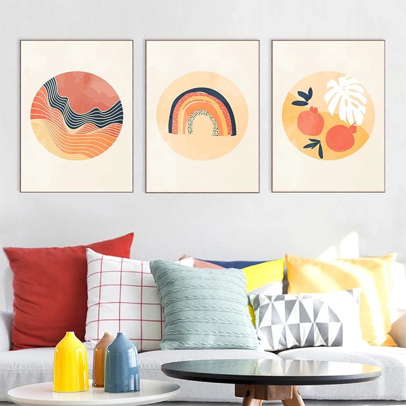 

Abstract Boho Yellow Orange Waves Stripes Rainbow Leaves Canvas Painting Posters Print Wall Art Pictures Living Room Home Decor