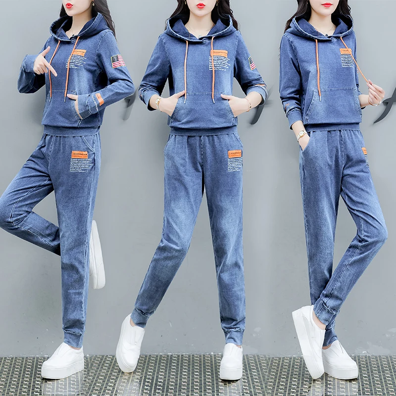 Co-ord/Джинсовый комплект из двух предметов для женщин,, толстовки с капюшоном, брючные костюмы и топ, осенне-зимняя одежда, одинаковые джинсы, комплекты из 2 предметов