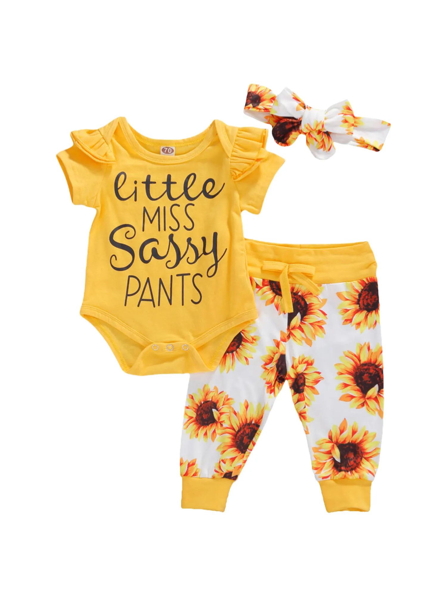 

Geagodelia baby girl clothing set short sleeve bodysuit long sunflower pants legging + headband summer baby clothes