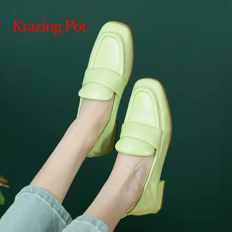 

Krazing pot full grain leather square toe low heel soft back pleated colourful beauty girls sweet slip on cozy women pumps L64