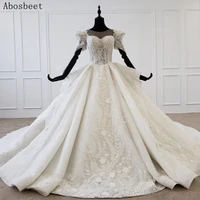 white embroidery lace short sleeve wedding dress 2021 200cm cathedral train pearls beading top puff sleeve vintage style