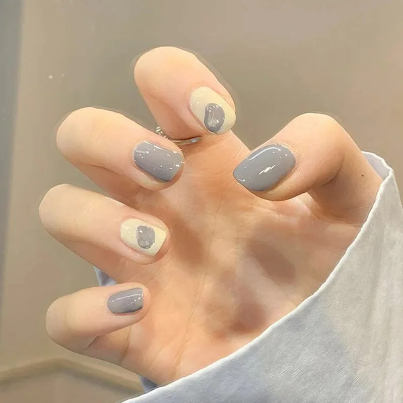 

24pcs False Round Nail Patch Removable Glue Type Fashion Manicure False Wearable Short Nails Gifts For Girls