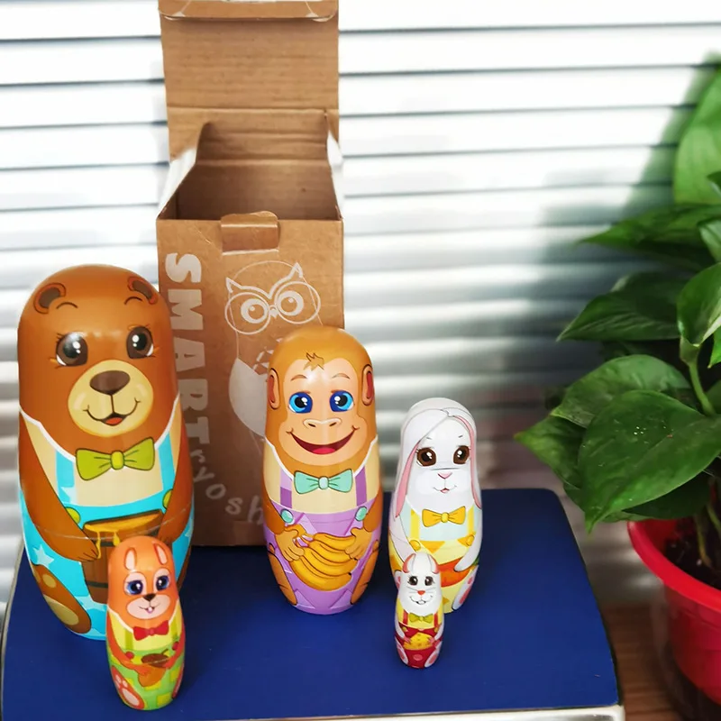 5PCS Wooden Matryoshka Doll Russian Nesting Dolls Matreshka Handmade Crafts Ornament Cartoon Dog For Home Decoration - купить по