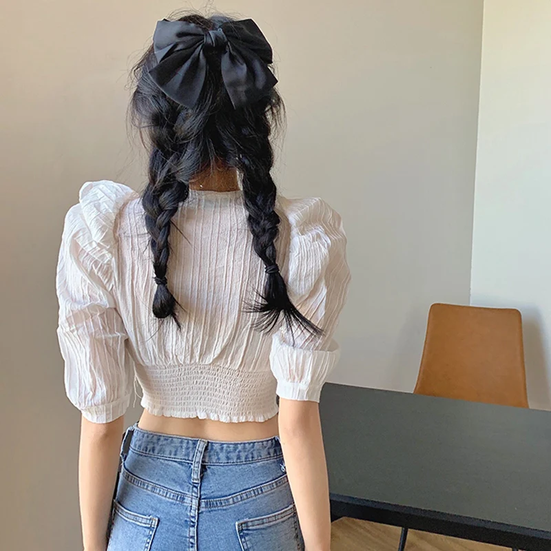 

JMPRS Vintage Women Blouse Elegant White Puff Sleeve Korean Summer Sexy V Neck Short Shirts Casual Office Ladies Cotton Tops