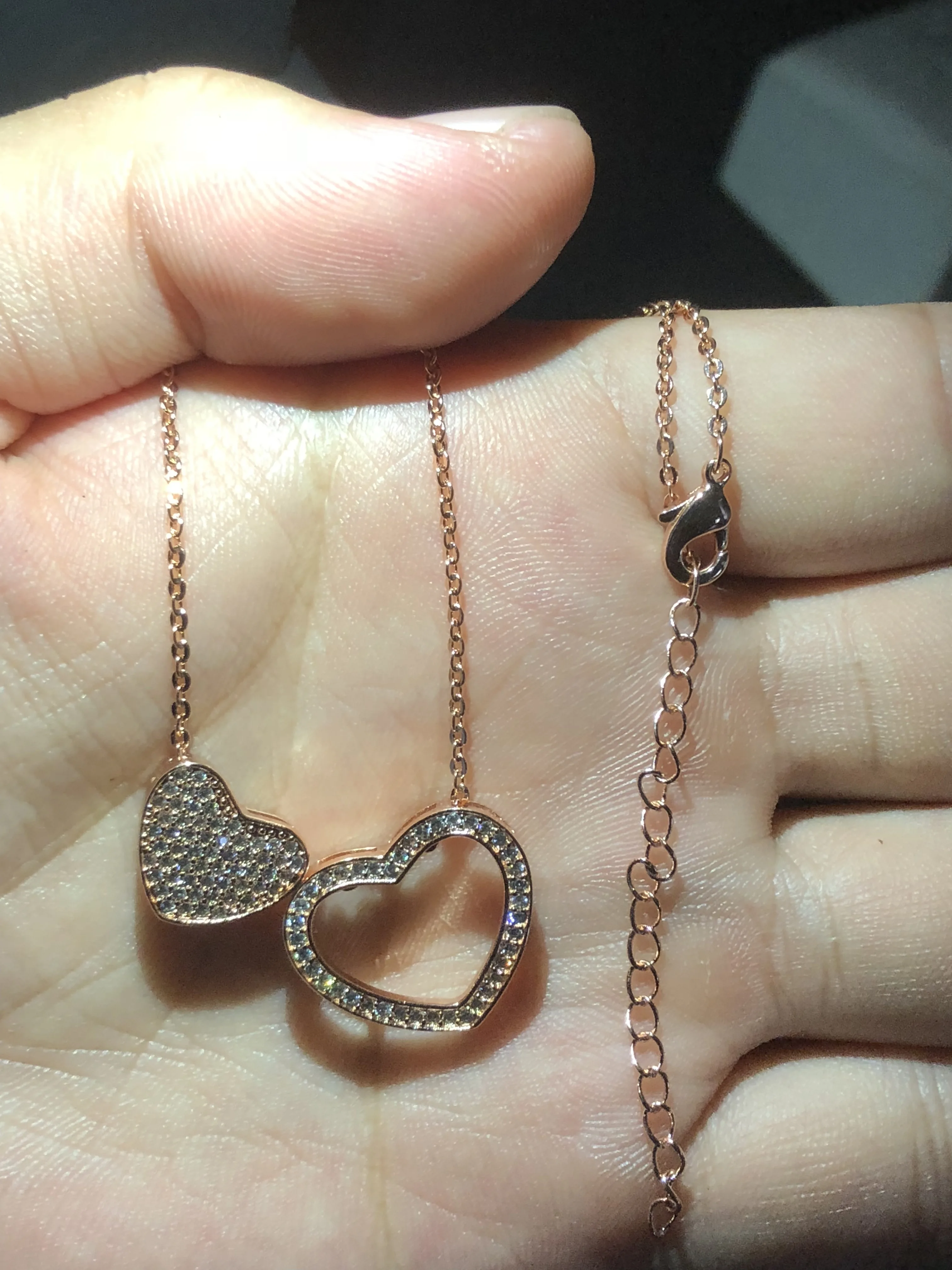 Кулон в виде сердца с бриллиантом и цепочкой Настоящее серебро 925 пробы розовое