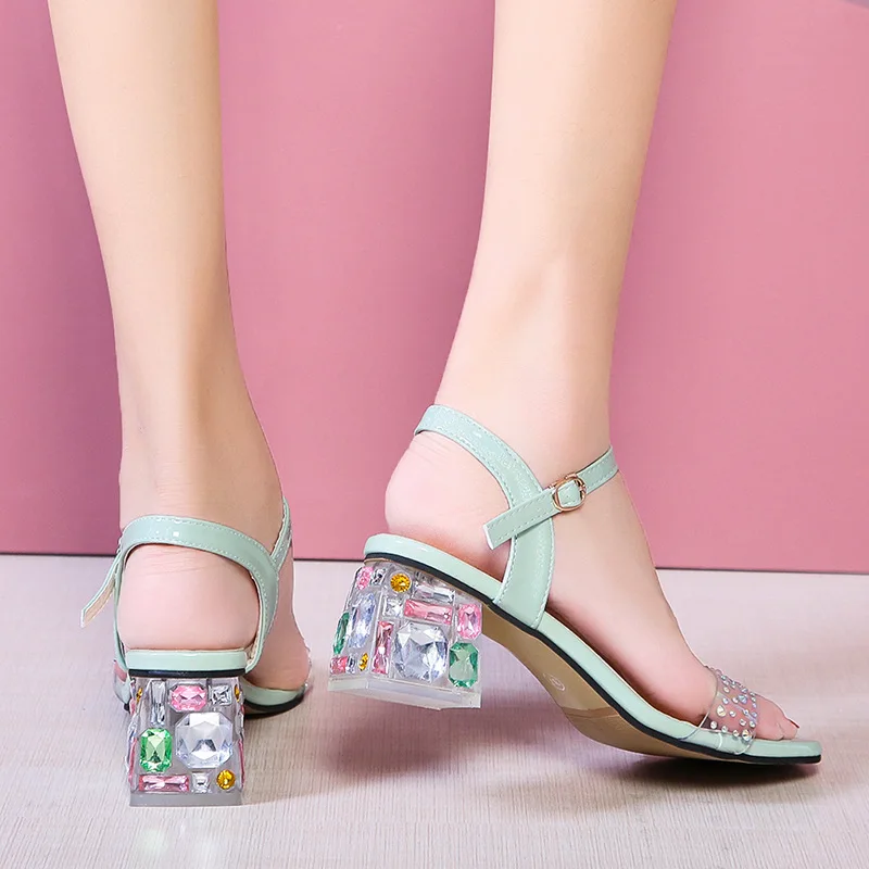 2021 Summer Ladies High Heels Rhinestone Sandals Lady Sandles High Heels Crystal Heel Transparent Word Stripper Party Shoes