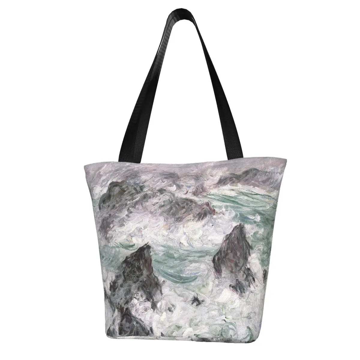 Monet,Tempete A Belle Ile,1886 Shopping Bag Aesthetic Cloth Outdoor Handbag Female Fashion Bags