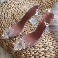 pointed toe transparent sandals female summer 2021 new ankle strap stilettos rhinestone sexy closed toe high heels