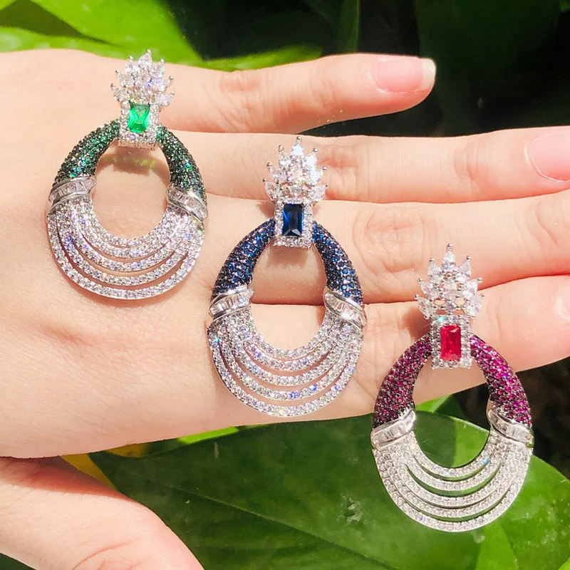 

Pera New Designer Vintage Ethnic Bule Green CZ Paved Big Round Drop Earrings for Women Luxury Cubic Zircon Banquet Jewelry E436